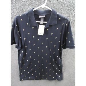 NWT H&M Short Sleeve Polo Shirt Size Medium Navy Palm Tree Stretch Cotton Jersey